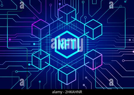 NFT nicht fungible Token auf blauem Hintergrund 2 Stock Vektor