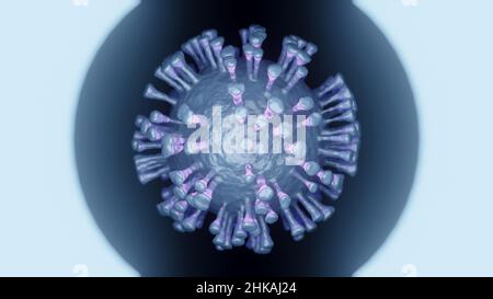 Illustration der wissenschaftlichen Untersuchung einer blauen Viruszelle unter einem Mikroskop und Ringlicht in einem Labor Stockfoto