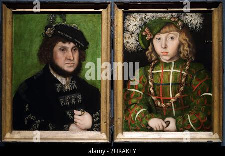 Porträts von Johann dem Standhaften und Johann Friedrich dem Magnanimus des deutschen Malers Lucas Cranach dem Älteren in der National Gallery, London, Großbritannien Stockfoto