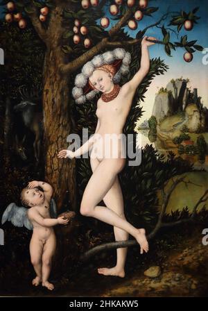 Cupid beschwert sich vor Venus von dem deutschen Renaissance-Maler Lucas Cranach dem Älteren in der National Gallery, London, Großbritannien Stockfoto