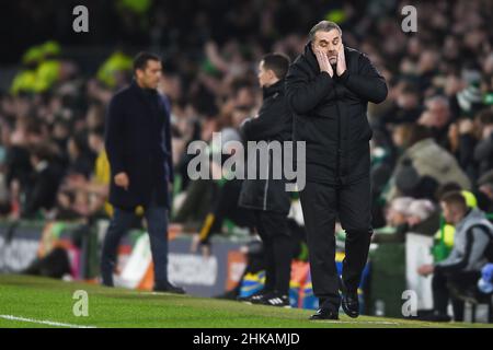 Glasgow, Schottland, 2nd. Februar 2022. Ange Postecoglou Coach of Celtic während des Cinch Premiership-Spiels im Celtic Park, Glasgow. Bildnachweis sollte lauten: Neil Hanna / Sportimage Stockfoto