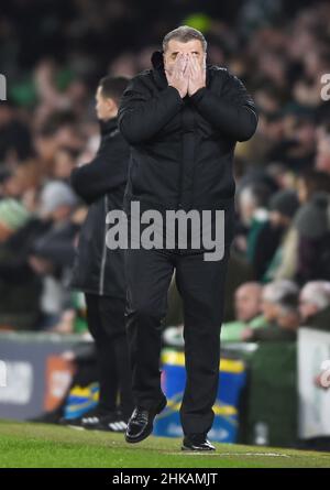 Glasgow, Schottland, 2nd. Februar 2022. Ange Postecoglou Coach of Celtic während des Cinch Premiership-Spiels im Celtic Park, Glasgow. Bildnachweis sollte lauten: Neil Hanna / Sportimage Stockfoto