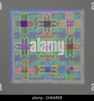 Inspiriert von einem Stopper aus mehrfarbiger Seide auf Baumwolle, einem Stopper aus Seide auf Baumwolle. Die Stickerei besteht aus den Initialen und Buchstaben JH SCHOLTZ, ANNO 1875, DS, ALV, L, Vier Sterne (Nederduits Hervormde Diakonie), in der Mitte ein Strauß und Rosen in den Ecken., Johanna Hendrika Scholtz (signiert von, Reimagined by Artotop. Klassische Kunst neu erfunden mit einem modernen Twist. Design von warmen fröhlichen Leuchten der Helligkeit und Lichtstrahl Strahlkraft. Fotografie inspiriert von Surrealismus und Futurismus, umarmt dynamische Energie der modernen Technologie, Bewegung, Geschwindigkeit und Kultur zu revolutionieren Stockfoto