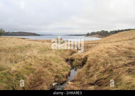 Kielder England: 13th. Januar 2022: Blick auf das Kielder Reservoir von Rushy Knowe Stockfoto