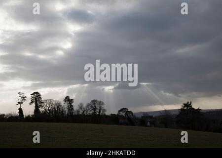 Wintersonnenstrahlen brechen durch dunkle, stürmische Wolken auf Felder und Bäume Stockfoto