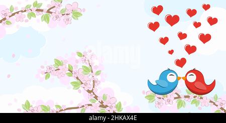eps-Vektorfeile mit verliebten roten und blauen Vögeln, die auf einer Schnur sitzen, Äste mit Blüten und grünen Blättern im Frühling, fliegende Herzen, Stock Vektor