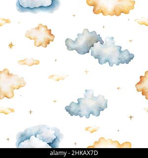 Wasserfarben Wolken mit Sternen in Pastellfarben, nahtloses Muster auf weißem Hintergrund, Vintage Aquarell Set Stockfoto