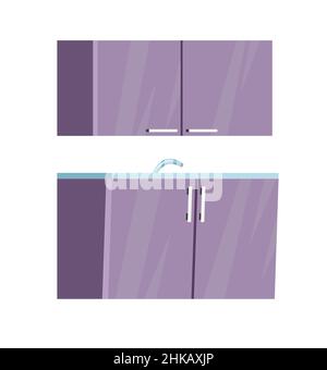 Küchenspüle mit Waschbecken, Wasserhahn und Wandschrank. Cartoon-Stil. Möbel in modernem, minimalistischem Design. Objekt auf weißem Hintergrund isoliert. Vektor Stock Vektor