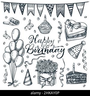 Symbole für Geburtstagsfeiern. Vektor Skizze Illustration von Rosen Bouquet, Süßigkeiten Herz-Box, Kuchen und Ballons. Handgezeichnete Designelemente und Happy Bi Stock Vektor