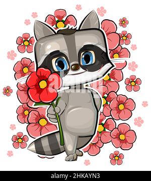 Niedliches Baby Raccon, das eine rote Blume aushält. Lustige Tier Baby. Illustration für Kinder. Isoliert auf weißem Hintergrund. Vektor Stock Vektor