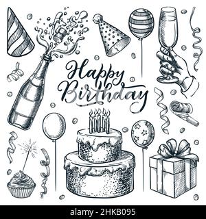 Geburtstag Feier Urlaub Party Dekor. Handgezeichnete Designelemente und Happy Birthday Schriftzug für Einladung oder Grußkarte. Vektorskizze illus Stock Vektor