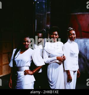 BONEY M, gegründet von Produzent Frank Farian, einer bekannten Popgruppe und Disco-Formation mit den Sängern Bobby Farrell, Marcia Barrett, Maizie Williams und Liz Mitchell, Bild von 1984. BONEY M, gegründet vom Produzenten Frank Farian, einer bekannten Popgruppe und Disco-Formation mit den Sängern Bobby Farrell, Marcia Barrett, Maizie Williams und Liz Mitchell, Foto, 1984. Stockfoto