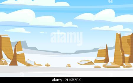 Felsige Klippen. Verschneite Wüste. Horizontale Zusammensetzung. Wüstenlandschaft mit Steinen. Illustration im Cartoon-Stil flache Design. Vektor. Stock Vektor