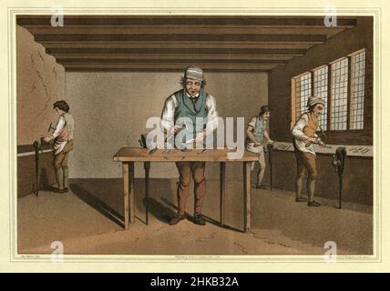 Cutler aus Sheffield, ein Messer in einer Werkstatt. Das Kostüm von Yorkshire von George Walker. 1815 Stockfoto
