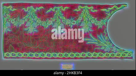 Inspiriert von Fragment aus rotem Seidenstoff mit Stickerei in Gelb und Hellgrün, Fragment aus rotem Seidenstoff, Damast, mit Stickerei. Der Damast hat ein symmetrisches Muster aus großen Blüten und Blättern. Eine Kette ist entlang einer langen Seite bestickt und eine Girlande, aus der Weinreben entlang der, Reimagined by Artotop entspringen. Klassische Kunst neu erfunden mit einem modernen Twist. Design von warmen fröhlichen Leuchten der Helligkeit und Lichtstrahl Strahlkraft. Fotografie inspiriert von Surrealismus und Futurismus, umarmt dynamische Energie der modernen Technologie, Bewegung, Geschwindigkeit und Kultur zu revolutionieren Stockfoto