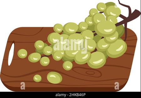 Beeren der leichten Trauben auf dem Zweig auf dem hölzernen Schneidebrett. Süßes, gesundes Essen, leckeres Dessert oder Snack. Vektorgrafik flach Stock Vektor