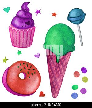 Clipart - Lollipop Eis Cupcake Kerze Stern. Aquarell Lebensmittel Illustration isoliert auf weiß. Design für Grußkarte, Stoff, Textil, Tapete, Menü, Verpackung, Druck, Verpackung, Babyzimmer. Stockfoto