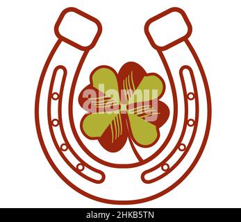 Hufeisen-Glückssymbol mit Klee und Textbeschriftung. Vektor-Illustration von St. Patricks Day Clipart isoliert auf weiß für Design. Viel Glück, Horsesho Stock Vektor