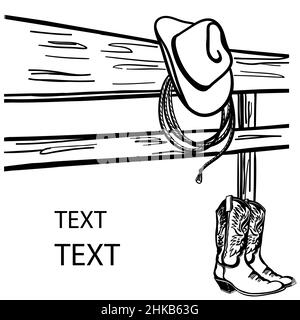 Cowboyhut und Stiefel auf dem Landzaun. Rodeo Cowboys Kleidung. Vektor westlicher Grafikhintergrund für Text oder Design Stock Vektor
