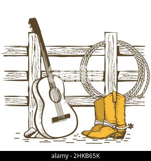 Poster mit Country-Musik. Akustikgitarre und Cowboyhut und Stiefel am Zaun. Vektor westlicher Grafikhintergrund für Text oder Design Stock Vektor