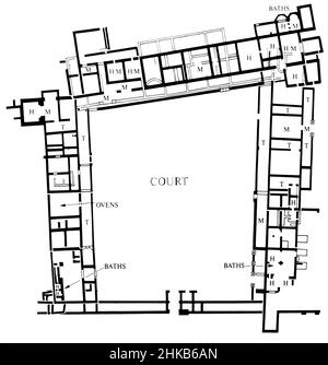 North Leigh Villa - römische Ruinen - archäologische Ausgrabungen. Die Überreste der römischen Villa von North Leigh in einer ruhigen Landschaft am Ufer des Flusses Evenlode in Oxfordshire. Diese 'Hofvilla' gilt als eine der größeren Villen des römischen Britanniens. Zu Beginn des 4th. Jahrhunderts war es am umfangreichsten und umfasste 4 Bäder, 16 Mosaikböden und 11 Zimmer mit Fußbodenheizung. Heute ist die rechteckige Anordnung der Villa mit fast vollständigen Mosaikfliesen aus dem 3rd. Jahrhundert sichtbar. Englisches Kulturerbe. Archivscan von einem Dia. Juli 1977 Stockfoto