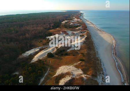 Der Nationalpark Kurische Nehrung von oben, Luftaufnahme einer Sanddünen und einem Strand an der Seite der Ostsee Stockfoto