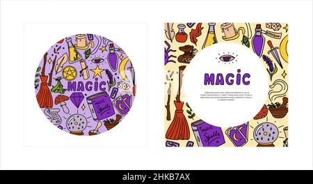 Magische handgezeichnete Doodle-Banner. Vektorsymbole von magischen Gegenständen. Kollektion halloween Elemente. Zauberbesen, Tränke, Wahrsagekarten, Runen, Bücher Stock Vektor