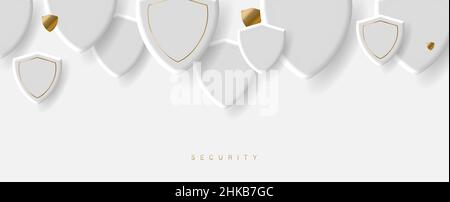 Weißer Hintergrund mit weißen und goldenen 3D Sicherheitsschilden Form und Ort für Ihre Inhalte unten, sauber weißen Hintergrund Stock Vektor