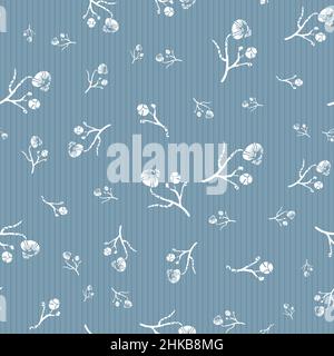 Moderne abstrakte wilde Wiese Blume nahtlose Vektor-Muster Hintergrund. Faux Lino-Druck Delfter blau weißen Hintergrund mit verstreuten Blumen, Stielen und Stock Vektor