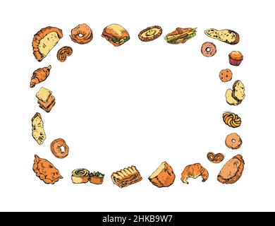 Rechteckiger Doodle-Rahmen aus Backwaren, Brot, Gebäck, Snacks. Vintage Patisserie. Speicherplatz kopieren. Bearbeitbare Vorlage, isoliert, handgezeichnet, farbig Stock Vektor