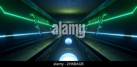 SciFi SpacecraftKorridor Flur Hangar Interior Club Neon Laserlicht mit blassen Türkisfarben 3D Rendering Stockfoto