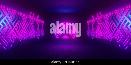 Futuristischer Neontunnel mit blauen und roten Lichtern. 3D Abbildung. Stockfoto
