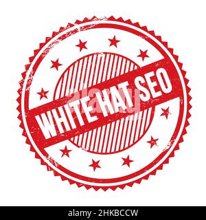 WHITE HAT SEO Text auf rot grungy Zick-Zack-Grenzen rund Stempel geschrieben. Stockfoto