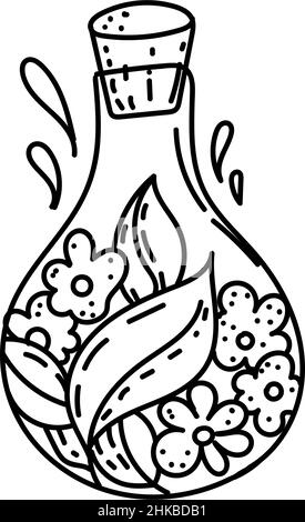 Flasche, handgezeichnetes Element im Doodle-Stil. Flasche mit ausgefallenen Blumen und Blättern. Schwarze Muster. Monogame Illustration in flacher Ausführung. Stock Vektor