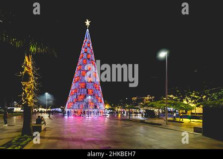 Funchal, Madeira Island, Portugal - 26. Dezember 2021: Menschen, die in der Marina spazieren gehen, sind für Weihnachten während der Weihnachtszeit geschmückt Stockfoto