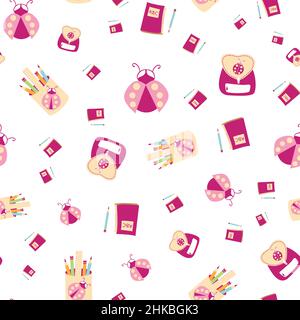 Marienkäfer zurück zur Schule Vektor nahtlose Muster Hintergrund. Fun Cartoon Marienkäfer, Schultaschen, Bleistift Caddy, Notizbücher Hintergrund. Handgezeichnetes Pink Stock Vektor