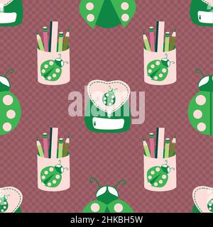 Marienkäfer zurück zur Schule Vektor nahtlose Muster Hintergrund. Fun Cartoon Marienkäfer, Schultaschen, Bleistifthalter auf Gingham Hintergrund. Von Hand gezeichnet naiv Stock Vektor