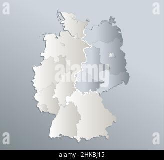 Deutschland-Karte aufgeteilt auf West- und Ost-Karte, administrative Teilung, blau weißes Kartenpapier 3D, leer Stockfoto