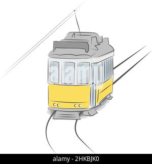 Handgezeichnete typische lissabonner Straßenbahn isoliert auf weißem Hintergrund, Vektorgrafik Stock Vektor