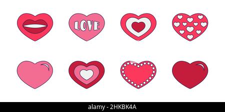 Retro Valentinstag Set von Symbolen Herz. Love-Symbole im modischen Pop-Line-Art-Stil. Die Figur verschiedener Herzen in sanftem Pink, Rot und Korallen Stock Vektor