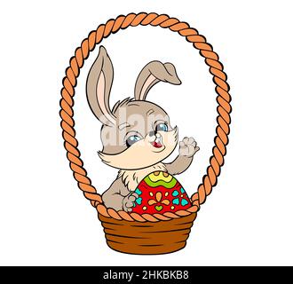 Osterhase sitzt in einem Korb und hält ein bemaltes Ei. Vektor-Illustration im flachen Cartoon-Stil Stock Vektor