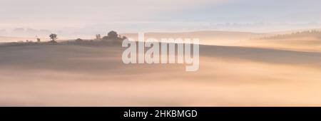 Morgennebel auf den Feldern in Ondrasova, Slowakei. Stockfoto