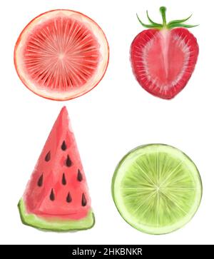 Aquarell Handgemalte Sammlung von Früchten. Saftige und farbenfrohe Früchte auf weißem Hintergrund inklusive Wassermelone Erdbeer Limette Grapefruit. Stockfoto