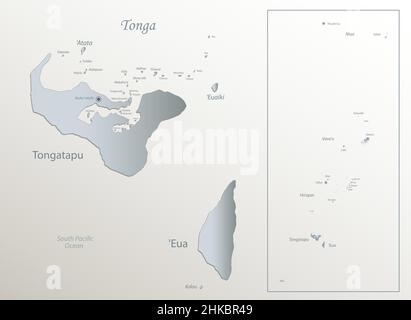 Tonga-Karte, Inseln mit Namen, weiß blaues Kartenpapier 3D Vektor Stock Vektor