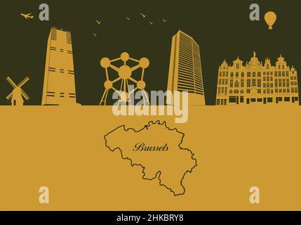 Skyline von Brüssel Silhouette - Illustration, Stadt im beigen Hintergrund, Karte von Belgien Stock Vektor