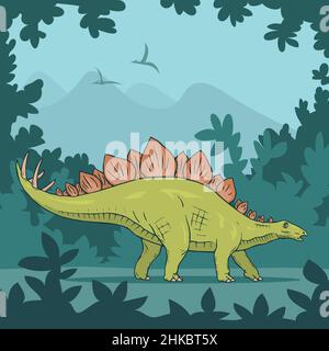 Herbivore stegosaurus auf dem Hintergrund eines alten Waldes. Eine ausgestorbene Eidechse aus der Jurazeit. Vektor bunte Kunst Illustration Stock Vektor