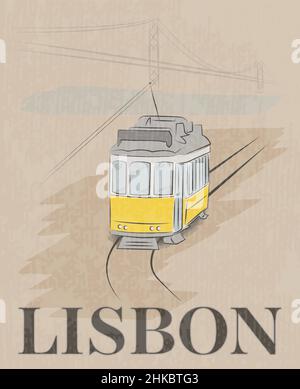 Handgezeichnetes Lissabon-Plakat mit Straßenbahn und 25 de Abril-Brücke, Vektorgrafik Stock Vektor