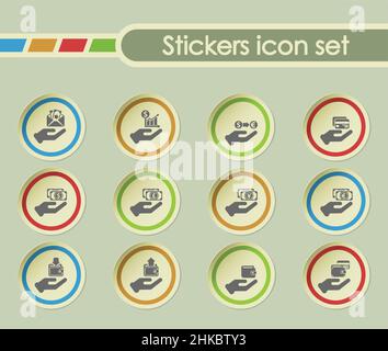 Hand und Geld Einfache Vektor-Symbole auf runden Stickern Stock Vektor