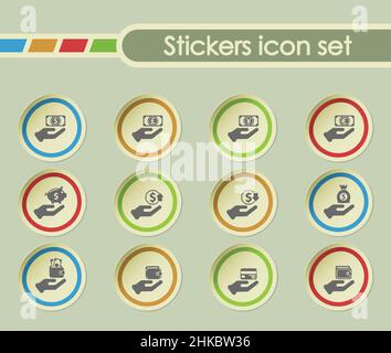 Hand und Geld Einfache Vektor-Symbole auf runden Stickern Stock Vektor