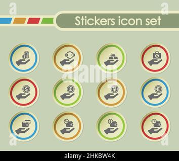 Hand und Geld Einfache Vektor-Symbole auf runden Stickern Stock Vektor